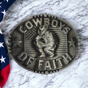 Vintage Silver Finish Belt Buckle - American Patriotic Cowboys Of Faith Buckle